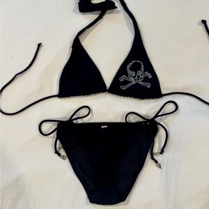 Victoria's Secret Black Bikini Set with Rhinestone Skull and Bones